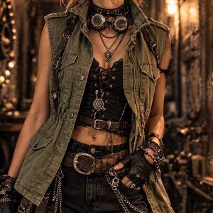 Bluenotes size large Khaki Green Army Utility Vest, zipper front, multi pockets